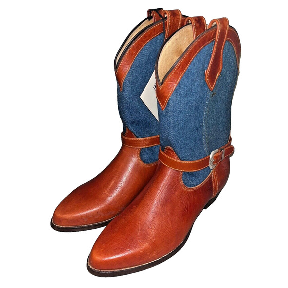 Frye Cowboy Boots Denim Brown Leather Silver Buckles Vintage Sz 8 RARE Deadstock - Picture 9 of 13